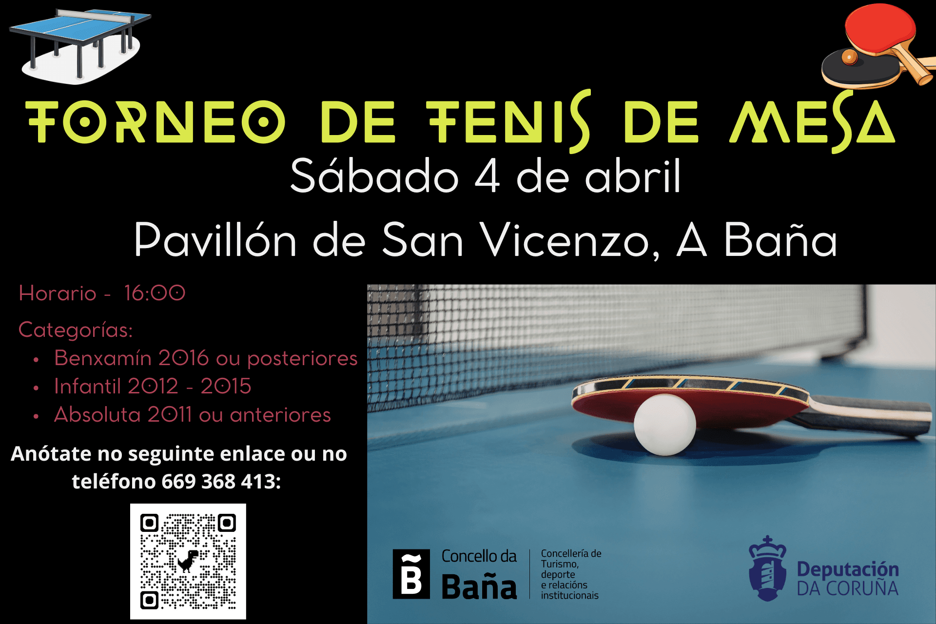 A Baña celebrará o sábado 4 de abril o seu I Torneo de Tenis de Mesa