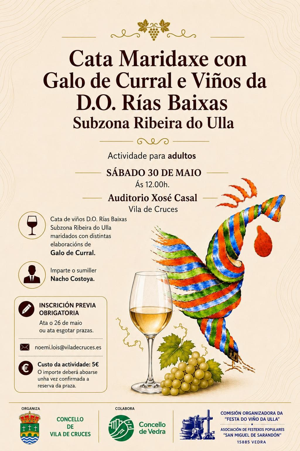 Vila de Cruces organiza unha cata maridaxe para desfrutar con todos os sentidos do galo de curral